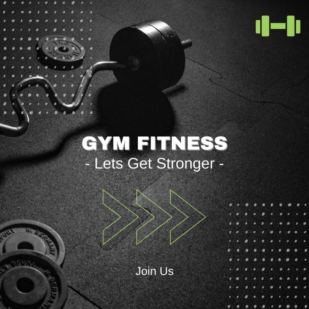 gym equipment, text "gym fitness, lets get stronger